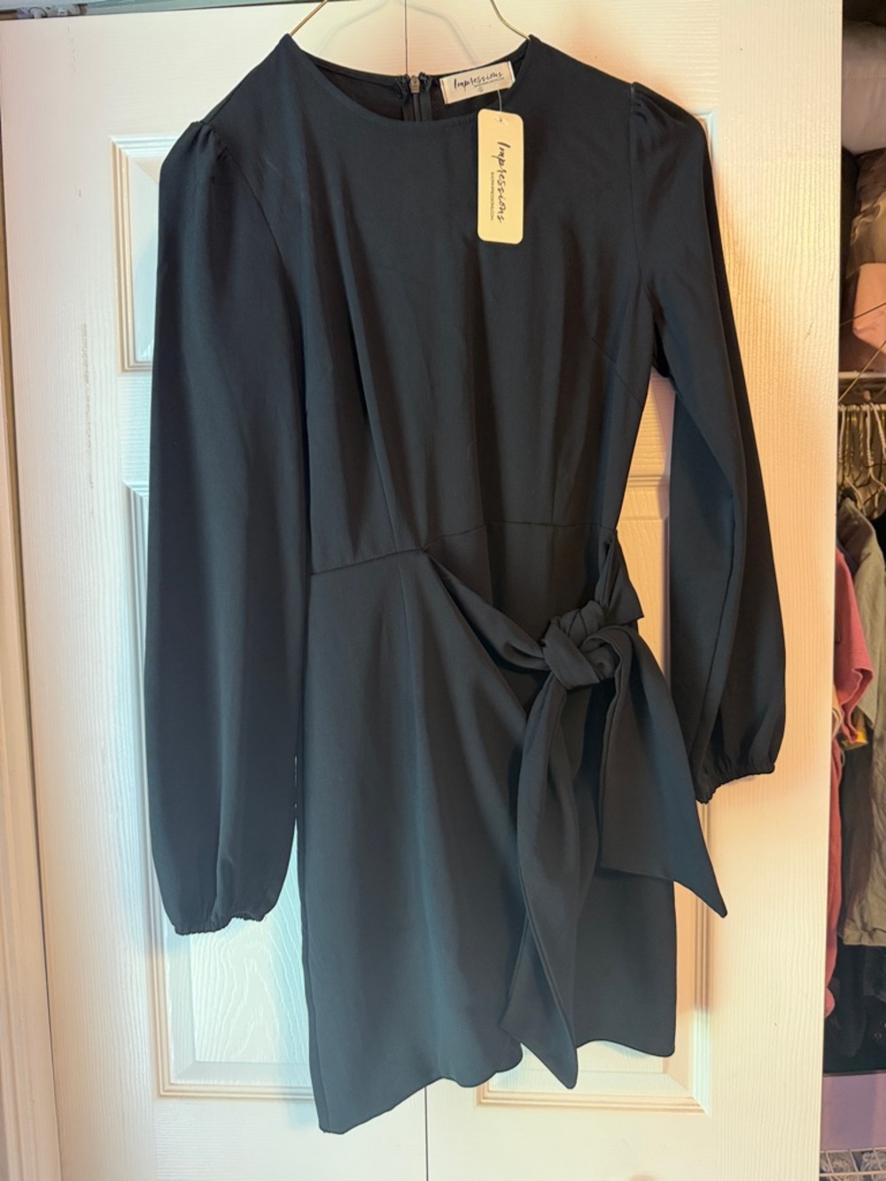 Black Long-Sleeve Tie-Waist Mini Dress